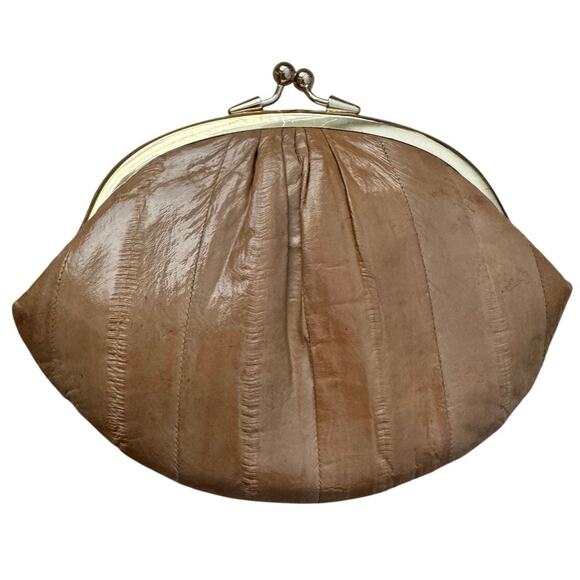 VTG Brown Eel Skin Double kiss lock Clutch Purse - Picture 2 of 11